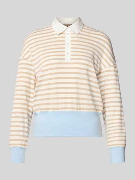Produktfoto, Regular Fit Poloshirt mit breitem Bund von Marc Cain im Streifenmuster, Beige-Weiß-Blau, Damen Poloshirt aus elastischem Baumwoll-Mix, langärmelig