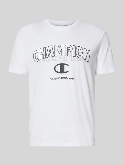 Produktfoto, weißes T-Shirt mit Label-Print und Rundhalsausschnitt von CHAMPION, reine Baumwolle, Regular Fit, klare Textur, Größe M 68 cm Rückenlänge