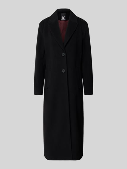 Produktfoto, schwarzer Regular Fit Mantel aus Woll-Mix mit Kaschmir-Anteil von FUCHS SCHMITT, Reverskragen, Knopfverschluss, Eingrifftaschen, glatte Oberfläche.
