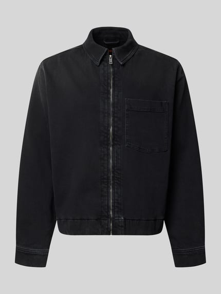 Produktfoto, dunkelblaue Regular Fit Jeansjacke aus Baumwoll-Mix Modell 'LUNEY BO REF' von BOSS Orange für Herren vor grauem Hintergrund.