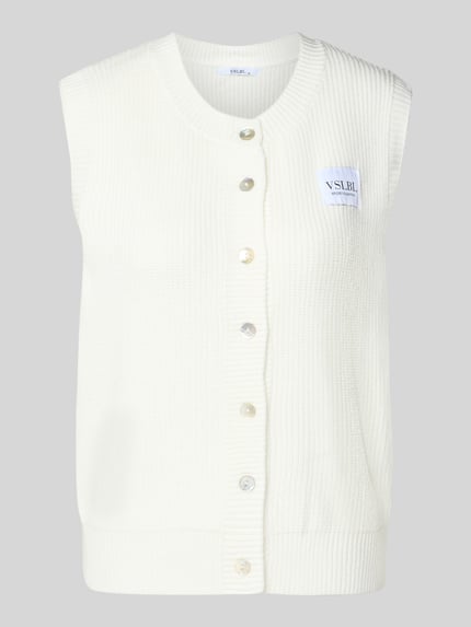 Produktfoto, Regular Fit mouwloos vest uit viscosemix model 'MILLA' van VILLA SOPHIE, look: effen, ribtricotstructuur, knoopsluiting, labelpatch, ronde hals, rompzoom geribd