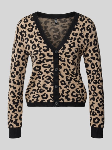 Produktfoto, Regular Fit Strickjacke aus Viskose-Mix Modell 'LEO' von ONLY im Leo-Muster in Beige und Schwarz, Damen Strickjacke von ONLY