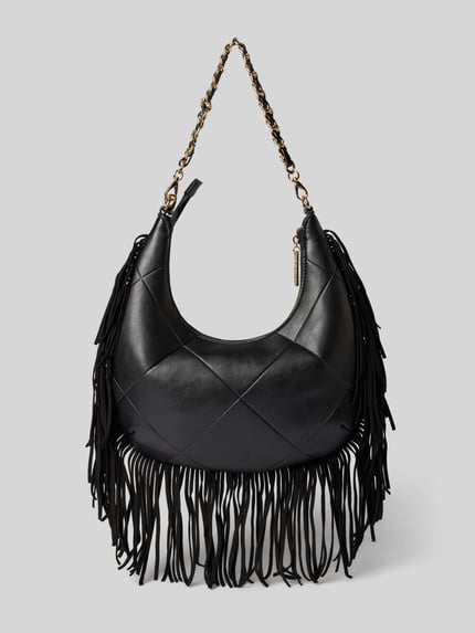 Produktfoto, Umhängetasche mit Fransen Modell 'ASTRID' von Valentino Bags in Schwarz, Lederoptik, Patchwork, Logo, Kette, Reißverschluss