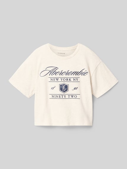 Produktfoto, Regular Fit T-Shirt mit Logo-Stitching von Abercrombie&Fitch, Baumwoll-Mix, cremefarben, dunkelblauer Aufdruck, Rundhalsausschnitt