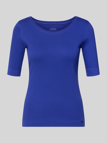 Produktfoto, T-Shirt in Ripp-Optik mit 1/2-Arm von Marc Cain in Blau, Slim-Fit, Rundhalsausschnitt, Baumwoll-Elasthan-Mix, Damen, 55 cm Rückenlänge bei Größe 36