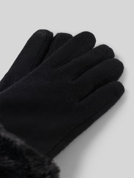 Produktfoto, czarne rękawiczki z mieszanki wełny z obszyciem sztucznym futrem, gładka faktura, Handschuhe aus Woll-Mix mit Kunstfellbesatz von EEM, rękawiczki damskie,