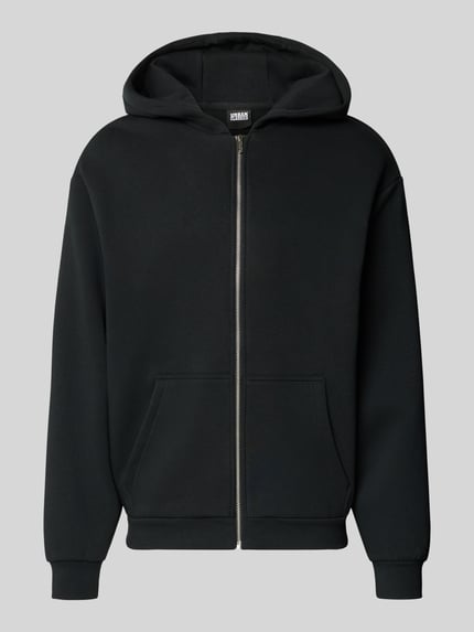 Produktfoto, Regular Fit Sweatjacke aus Baumwoll-Mix mit Kapuze von URBAN CLASSICS, krój regular fit, mieszanka bawełny, zamek błyskawiczny, oddzielna kieszeń kangurka, długość tyłu w rozmiarze M: 70 cm, długość rękawów w rozmiarze M: 63 cm, kolor czarny, gładka tekstura