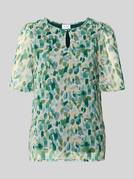 Produktfoto, dames blusenshirt met all-over look, model 'EMMA' met druppelvormige hals van Vila, regular fit, groene vlekkenprint