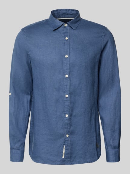 Productfoto, Regular Fit Leinenhemd aus reinem Leinen Modell 'CORE' van Scotch & Soda, heren, blauw, knoopsluiting, kentkraag, labelstitching, met lange mouwen, maat M ruglengte 78 cm schouderbreedte 45 cm mouwlengte 66 cm