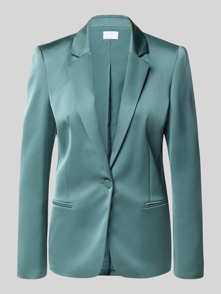 Produktfoto, Slim Fit Blazer mit Paspeltaschen von Jake*s Cocktail, satynowy materiał, krój slim fit, klapy, kieszenie z wypustkami, zapięcie na guzik, długość tyłu w rozmiarze 36: 65 cm, kolor zielony, gładka tekstura