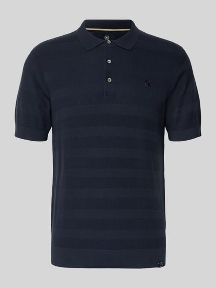 Productfoto, Slim Fit Poloshirt met Logo-Stitching van Lerros in donkerblauw, puur katoen, polokraag, korte knoopsluiting, labelpatch, ruglengte maat M 68 cm