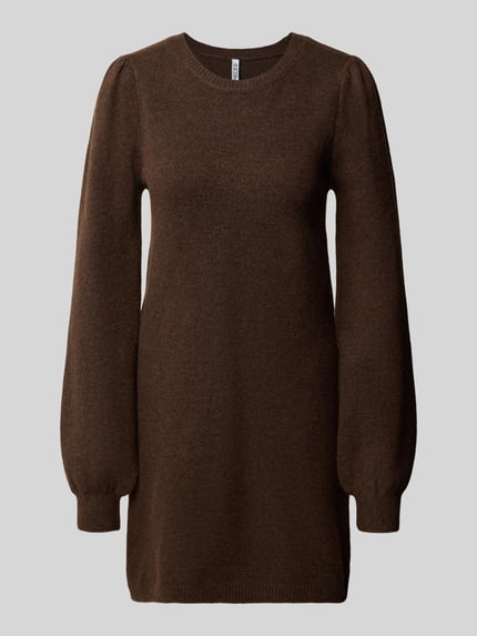 Produktfoto, Strickkleid mit Puffärmeln von PIECES in Melange-Strickoptik, braun, Rundhals, gerippte Abschlüsse, Mini-Länge