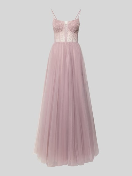 Produktfoto, Regular Fit Abendkleid mit Ziersteinbesatz von Mascara in zartem Rosa, semitransparentes Mesh, taillierte A-Linie, Spaghetti-Träger. Kontext: Damen Abendkleid, Mesh, Regular Fit, Ziersteinbesatz, taillierte Passform, Spaghetti-Träger, A-Linie, semitransparentes Design, Nahtreißverschluss, Rückenlänge 152 cm, Brustweite 38 cm für Größe 36.