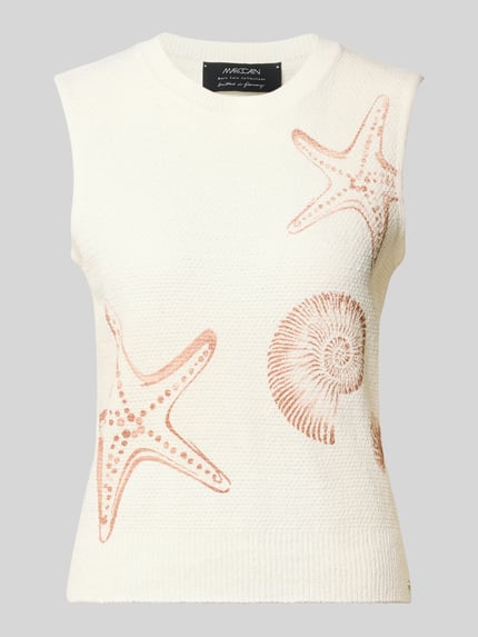 Productfoto, Stricktop met ronde hals en label-detail van Marc Cain, katoenmix, rechte fit, geribde hals, beige met zalmkleurig motief