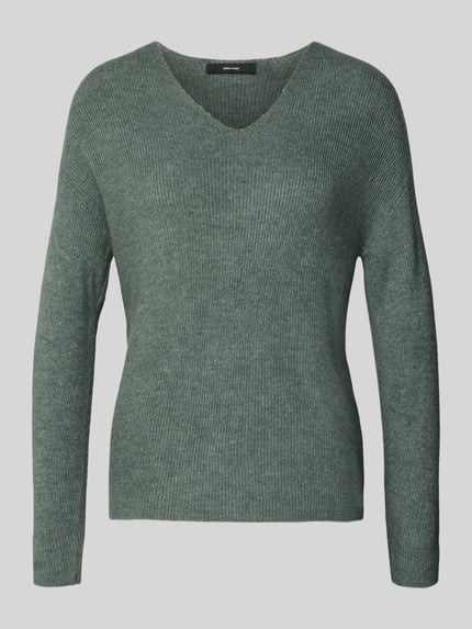 VERO MODA Sweter z dzianiny o kroju regular fit z dekoltem w serek model ‘CREWLEFILE’ Trzcinowy 2