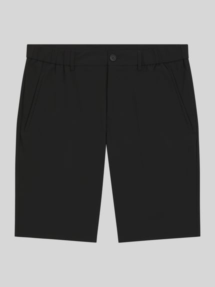 Produktfoto, Regular Fit Shorts mit elastischem Bund Modell 'S_SPEEDFLEX' von BOSS Green in Schwarz, unifarben, Label Print, Gürtelschlaufen, seitliche Eingrifftaschen, Gesäßtaschen, glatte Textur