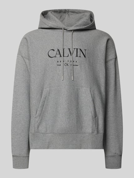 Produktfoto, Hoodie mit Label-Print und Känguru-Tasche von CK Calvin Klein aus grauem Baumwoll-Elasthan-Mix im Relaxed-Fit mit feiner Struktur