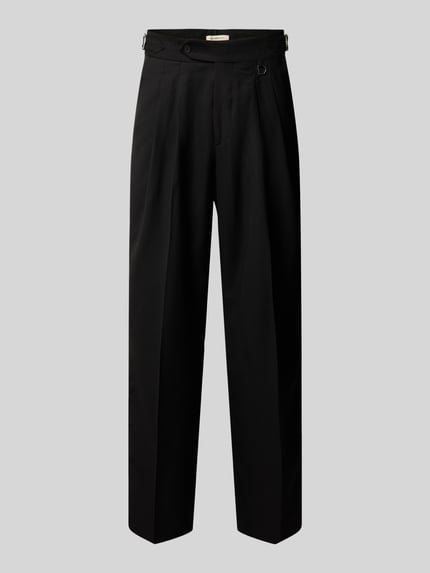 Productfoto, Bundfaltenhose met Gesäßtasche van RETERNITY, zwarte kleuren, rechte wijde vormen, glad gemengd materiaal met viscose, zichtbare knoopsluiting en achterzakken, baggy fit, bundwijdte 45 cm, binnenbeenlengte 80 cm