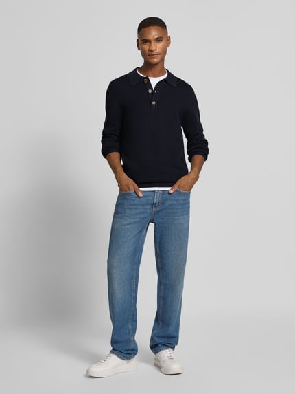 Casual Friday Sweter z dzianiny z kołnierzykiem polo model ‘ABEL’ Ciemnoniebieski 1