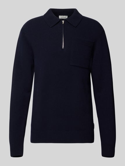 Produktfoto, Strickpullover aus Woll-Mix mit Polokragen Modell 'FELIPO' von Casual Friday, dunkelblau, Slim Fit, Reißverschluss, Brusttasche