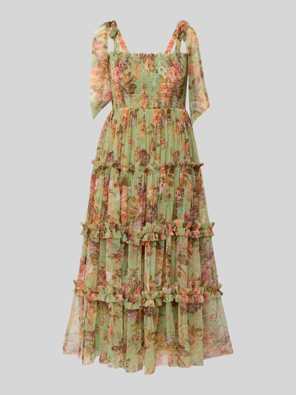 Produktfoto, Cocktailkleid im Stufen-Look von LACE & BEADS, A-Linie aus grünem Tüll mit floralen Mustern, Smok-Details und Schnürungen.