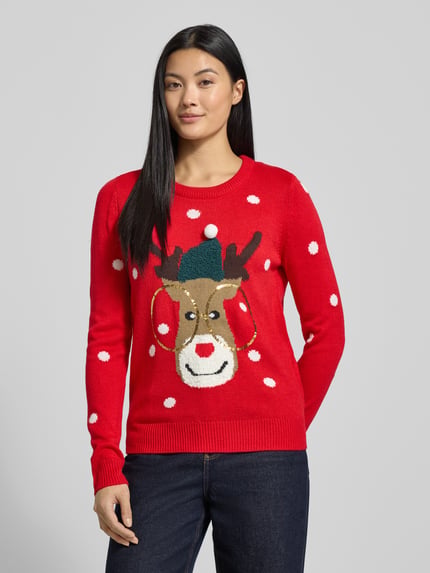 VERO MODA Regular Fit Weihnachtspullover mit Pailletten-Motiv Modell 'TINSEL' Rot 4