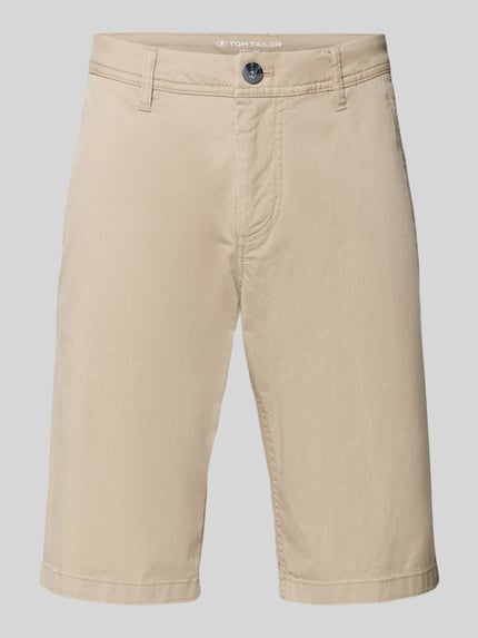 Produktfoto, Slim Fit Chinoshorts aus Baumwoll-Mix von Tom Tailor in Beige mit feinem Webmuster, Twill-Textur, Gürtelschlaufen und Eingrifftaschen