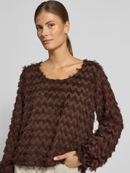 Selected Cropped Blusentop mit Fransenstruktur Dunkelbraun 3