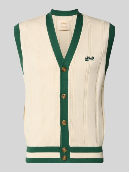 Produktfoto, Regular Fit Weste in Strick-Optik mit Logo-Stitching von BLKVIS, cremefarben mit grünen Akzenten, V-Ausschnitt, Knopfleiste, aufgesetzte Taschen.