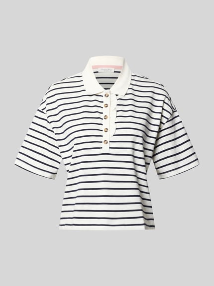 Produktfoto, poloshirt mit korte knoopsluiting van Christian Berg Woman in donkerblauwe en witte strepen, puur katoen, recht model, polokraag, 1/2-mouwen, ruglengte bij maat S 44 cm