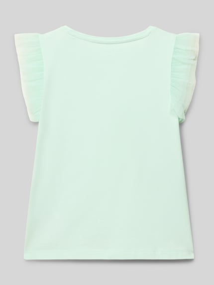 Produktfoto, dziecięcy t-shirt z wyhaftowanym logo i okrągłym dekoltem od Guess, prosty krój, tiul na rękawach, długość tyłu w rozmiarze 116: 41 cm, jasny pastelowozielony kolor, gładka struktura