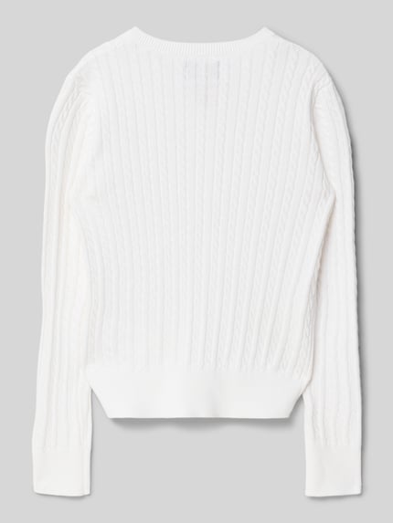 Produktfoto, Regular Fit Strickjacke aus reiner Baumwolle von Polo Ralph Lauren Teens in Weiß, Zopfmuster, Crew Neck, gerippte Abschlüsse, Strickoptik