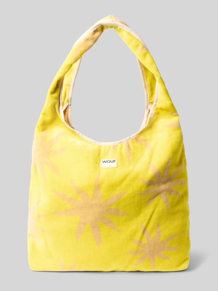 Produktfoto, Umhängetasche mit Label-Patch Modell 'Fuerteventura' von WOUF aus Reine Bio-Baumwolle, gelbes Design mit Sternmotiv, offenes Hauptfach, Breite 38 cm, Länge 38 cm, Tiefe 2 cm, Länge Schulterriemen 65 cm