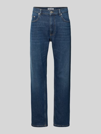 Produktfoto, Straight Fit Jeans im 5-Pocket-Design von REVIEW aus elastischem Baumwoll-Mix in Dunkelblau, sichtbare Nähte, glatte Oberfläche