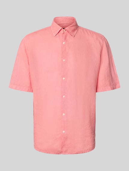 Produktfoto, Regular Fit Leinenhemd mit kurzem Arm Modell 'RASH_2_M' von BOSS Orange, Optik: Unifarben in Rosa, Kentkragen, durchgehende Knopfleiste, Rückenpasse, Rumpfabschluss leicht abgerundet, Material: reines Leinen, Herren.