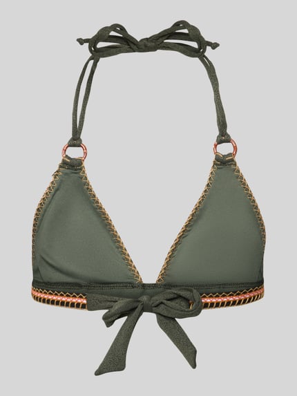 Produktfoto, grünes Bikini-Oberteil mit Schnürung Modell 'WAKO SANTANY' von Banana Moon, Material-Mix mit Stretch, Neckholder-Design