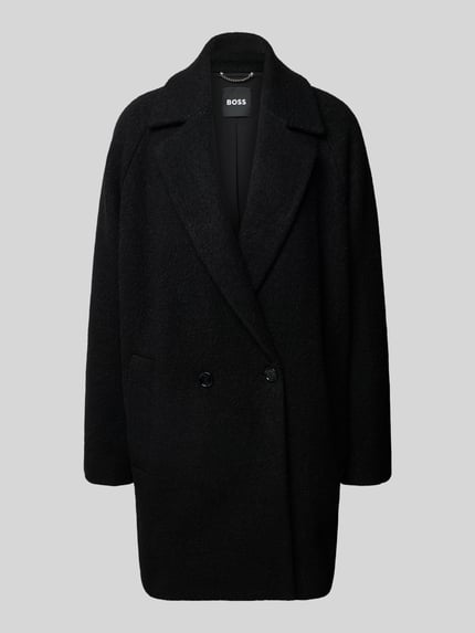 Produktfoto, Wollmantel mit Reverskragen Modell 'CALODINO2' von BOSS in Schwarz, unifarben, Comfort Fit, reine Wolle, seitliche Taschen, Doppelknopf, strukturierte Oberfläche.