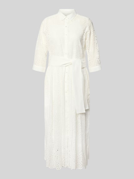 Produktfoto, overhemdjurk uit broderie met knoopsluiting, strikceintuur, puur katoen, getailleerd model, midi-jurk van Milano Italy