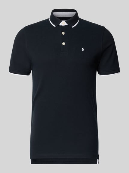 Productfoto, Slim Fit Poloshirt met viscose van JACK & JONES Model 'Paulos', katoenen mix, polokraag, korte mouw, logo-stitching, ruglengte maat M 72 cm
