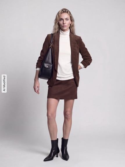 Frauenmodel trägt taillierten Kurzblazer mit 3/4-Arm Modell 'BOSELLA' von PIECES in Braun mit glatter Textur, Ganzkörperansicht von vorne, KI-modifiziertes Bild.