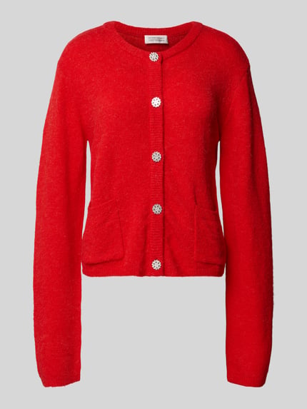 Produktfoto, leuchtend rote Strickjacke mit Knopfleiste Modell 'Hanni' von GUIDO MARIA KRETSCHMER WOMAN, gerippte Abschlüsse, runde Form, Woll-Mix