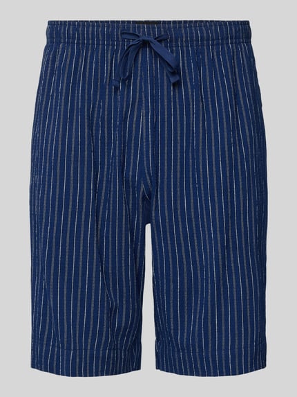 Produktfoto, Relaxed Fit Bermuda mit Viskose-Anteil von Schiesser, Elastischer-Material-Mix, Strukturmuster, Tunnelzug, dunkelblau mit weißen Streifen