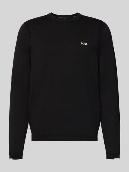 Produktfoto, Regular Fit Strickpullover aus reiner Baumwolle Modell 'EVER-X' von BOSS Green in Optik: Unifarben, Label-Stitching, Crew Neck, Rundhals, Langarm, Ärmelabschluss und Rumpfabschluss gerippt, Materialverarbeitung: Strick, schwarze glatte Textur.