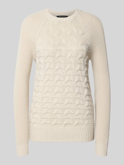 Produktfoto, Pullover aus Schurwoll-Mix in Strick-Optik von Armani Exchange, imitacja dzianiny, kolor kremowy, dopasowany krój, okrągły dekolt, mieszanka żywej wełny, długość tyłu w rozmiarze S: 63 cm, długość rękawów w rozmiarze S: 60 cm