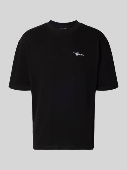 Produktfoto, Oversized T-shirt met logostitching model 'Signar' van Pegador, zwart, puur katoen, ronde hals, 1/2-mouwen, ruglengte maat M 70 cm