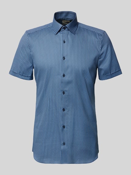 Produktfoto, Slim Fit Business-Hemd im Allover-Look mit Kentkragen von OLYMP Level Five aus Baumwoll-Elasthan-Mix, blaues Muster