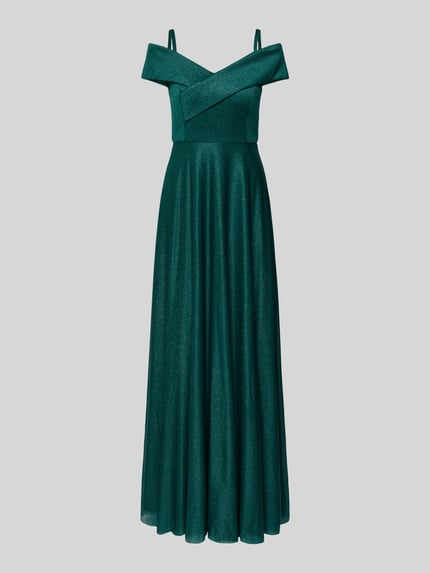 Produktfoto, Regular Fit Abendkleid in Glitzer-Optik von Christian Berg Cocktail, tailliert, Off-Shoulder, grün, glänzender Stoff, lange Form