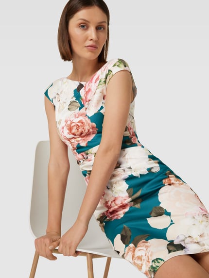 SWING Knielanges Cocktailkleid mit floralem Muster Petrol 3