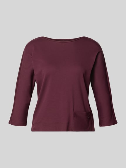 Produktfoto, damski t-shirt 'T-Shirt mit 3/4-Arm' von Marc Cain z mieszanki bawełny i elastanu, krój regular fit, okrągły dekolt, rękaw o dł. 3/4, długość tyłu w rozmiarze 36: 52 cm, śliwkowy kolor, gładka faktura, widoczna kieszonka z przodu