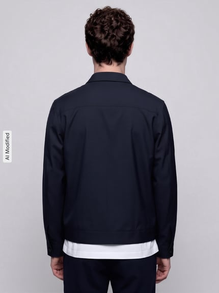 Männermodel trägt dunkelblauen Regular Fit Blouson mit Viskose-Anteil von s.Oliver BLACK LABEL, Ganzkörperansicht Rückansicht, KI-modifiziertes Bild.